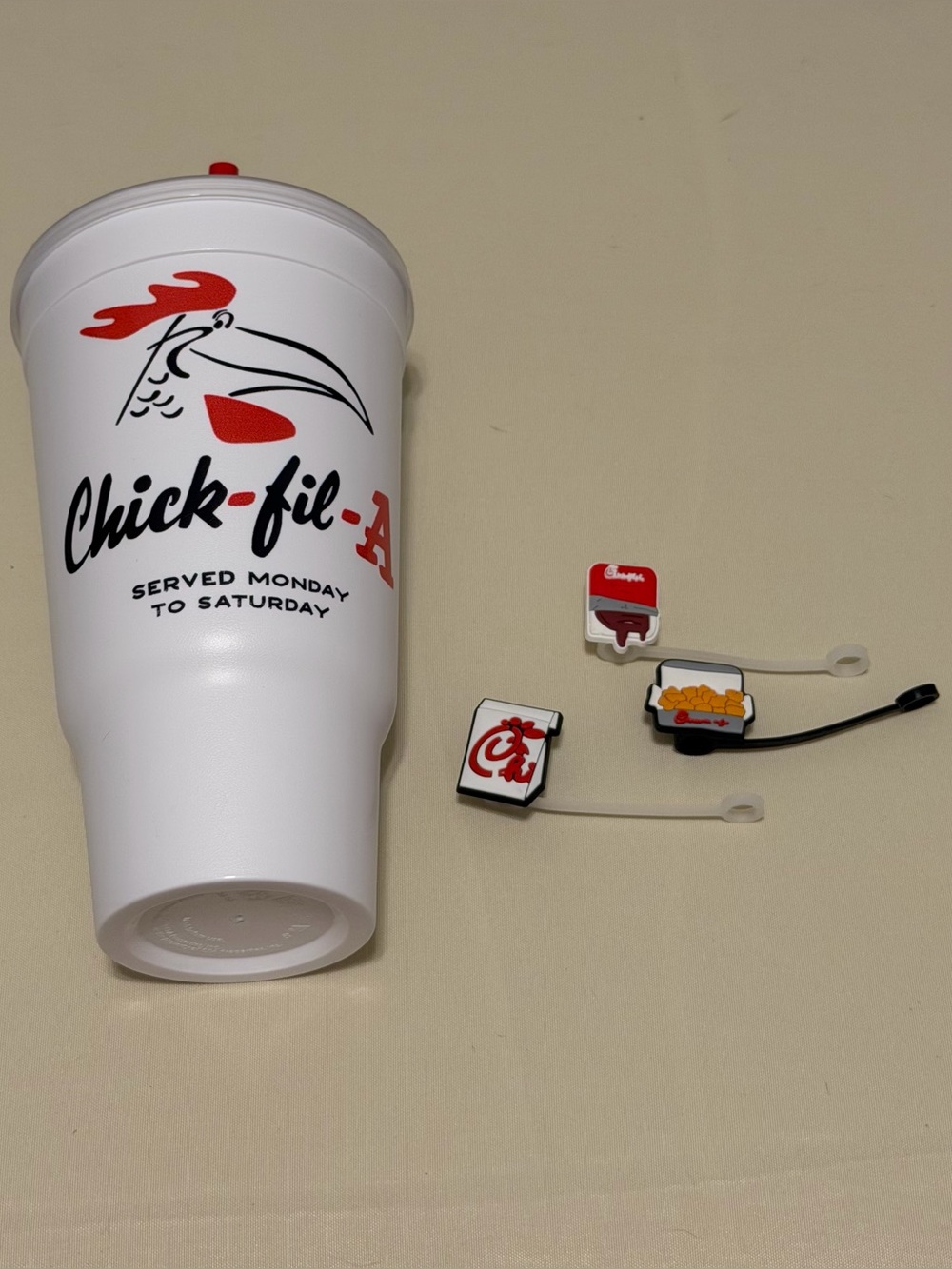 Chick-fil-A White Logo Cup with Red Accents & 3 CFA Straw Toppers